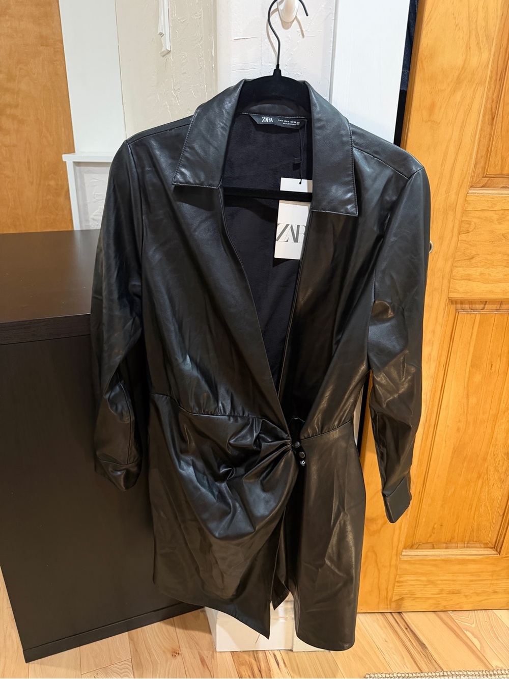 ZARA Black Faux Leather Knot-Front Mini Dress